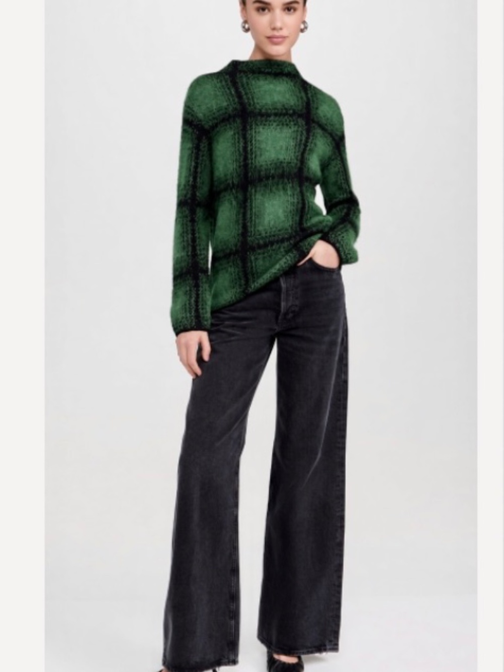 NWOT VINCE Shadow-Plaid Funnel-Neck Moss Green and Black size XS